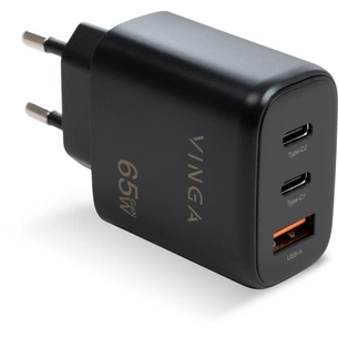 Зарядний пристрій Vinga GaN 65W PD+QC 2C1A ports Wall Charger (VCPCHCCA65B) зображення 1