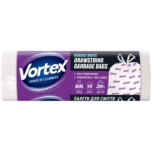 Пакети для сміття Vortex з затяжкою білі 60 л 15 шт. (4823071640427) зображення 1