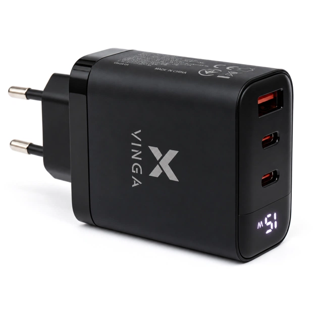 Зарядний пристрій Vinga 2xUSB-C + USB-A Display 65W (VCR65ACCDB) - зображення 1