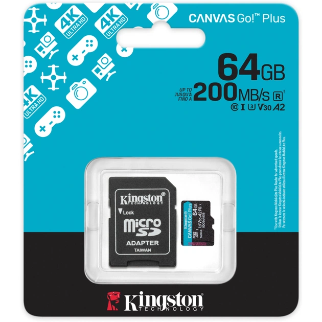 Карта пам'яті Kingston 64GB microSDXC сlass 10 UHS-I U3 V30 A2 Canvas Go Plus G4 (SDCG4/64GB) - picture 3
