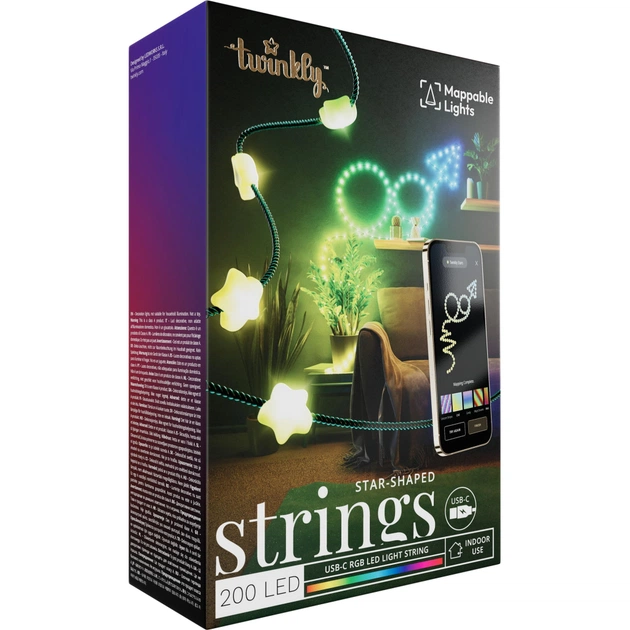 Гірлянда Twinkly Smart LED Strings USB 200 Star-shaped RGB LEDs, Green Wire, USB-C 12м (TWKS200RGB-G) - picture 8
