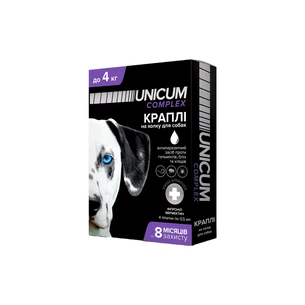 Краплі для тварин Unicum COMPLEX від бліх, кліщів та гельмінтів на холку для собак до 4 кг/4 шт (4820150202507) зображення 1