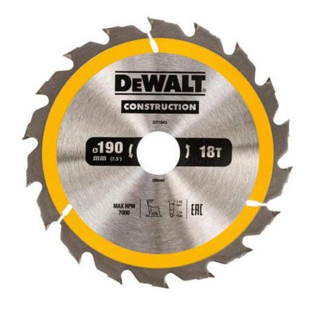 Диск пильный DeWALT СONSTRUCTION , 190 х 30 мм, 18 z, АТВ, 20 градусов (DT1943) - изображение 1
