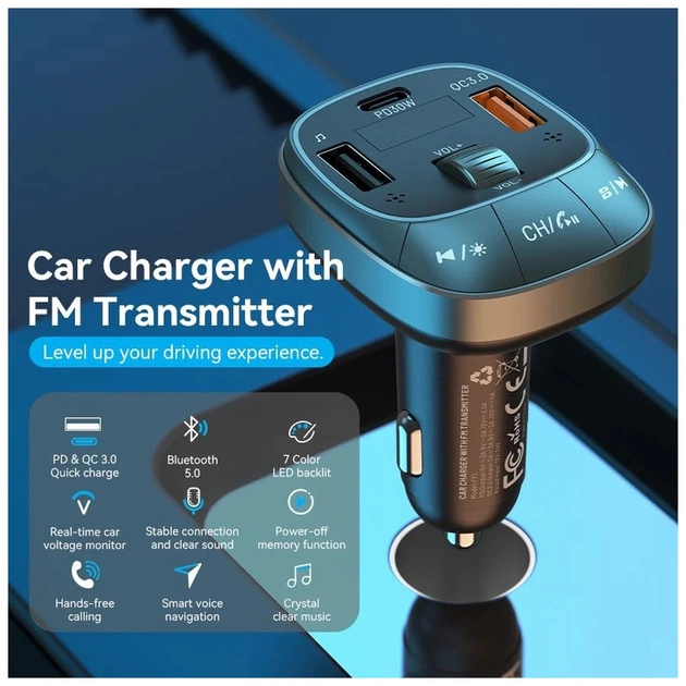 FM модулятор Vention PD 54W 3-Port USB (C+A+A) LED/USB Flash/Bluetooth, вольтметр (FFLB0) - picture 6