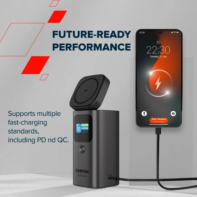 Батарея універсальна Canyon 15000mAh OnPower 150 Qi2 magnetic Grey (CNS-CPB150DG) - зображення 9