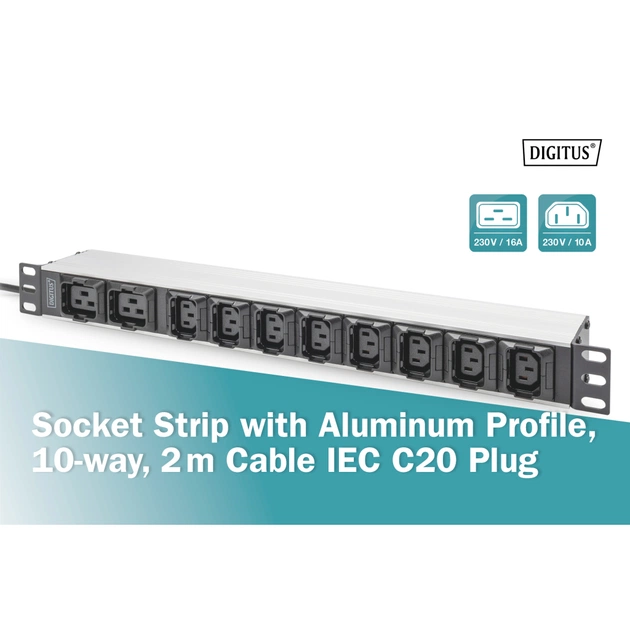 Силовий блок 19" 1U w/PDU 8xC13, 2xC19, 16A, 250V, вилка C20 Digitus (DN-95427) - зображення 4