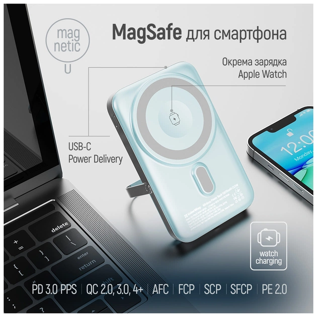 Батарея універсальна ColorWay 10 000 mAh PD/22.5W, 15W MagSafe & Watch Wireless Aquamarine (CW-PB100LPA2MT-WPDD) - зображення 8