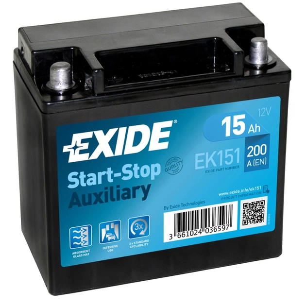 Акумулятор автомобільний EXIDE START STOP AUXILIARY 15Ah (+/-) (200EN) (EK151) - зображення 1