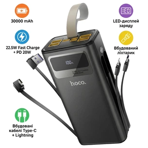 Батарея універсальна HOCO 30000mAh Plentiful 22.5W, built-in cables, LED, Black (DB58 / 715030) зображення 1