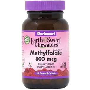 Вітамін Bluebonnet Nutrition Метилфолат (B9) 800мкг, Смак Малини, Earth Sweet Chewables, Bluebonnet Nutrition, 90 жувальних таблеток (BLB0454) зображення 1