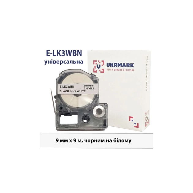 Стрічка для принтера етикеток UKRMARK E-K3WBN, 9мм х 9м, black on white, сумісна з LK-3WBN (900854) - зображення 1
