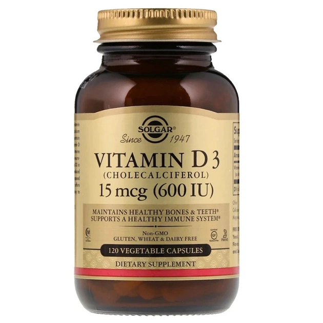 Вітамін Solgar Вітамін D3, Cholecalciferol, 15 мкг, 600МЕ, 120 рослинних ка (SOL-03319) - зображення 1