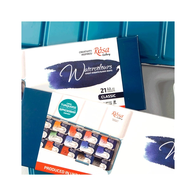 Акварельні фарби Rosa Gallery Класика в металевому бірюзовому пеналі 21 колір кювета (4823098525714) - picture 6