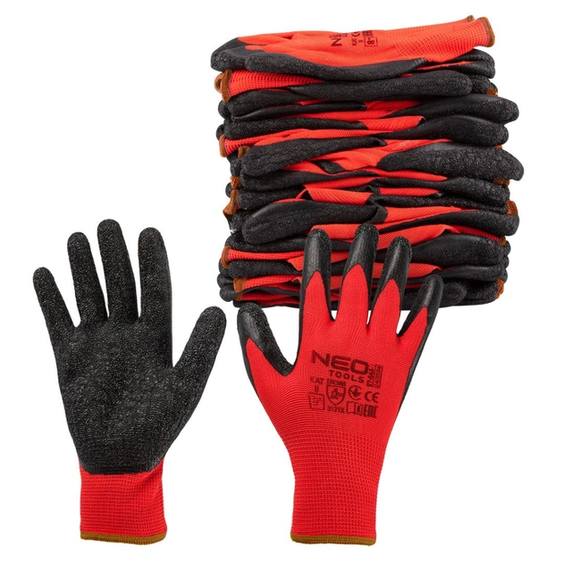 Защитные перчатки Neo Tools комплект 12шт, полиэстер с латексным покрытием, р.9, красно-черный (97-645-9) - изображение 9