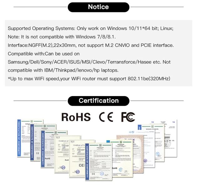 Бездротовий адаптер Fenvi FV-BE200NG Wi-Fi 7, Bluetooth 5.4 Adapter, Tri-band 2.4G/5G/6GHz - picture 14