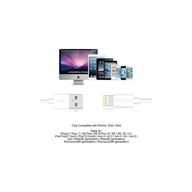 Дата кабель USB 2.0 AM to Lightning 1.8m 2.1A MFI White Choetech (IP0027-WH) - picture 7