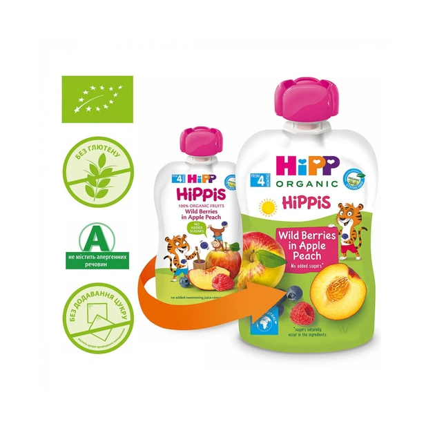 Дитяче пюре HiPP Яблуко Персик Чорниця Малина 100 г (9062300133773) - picture 1