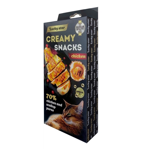 Лакомство для котов Lucky Star Мягкое пюре из мяса курицы и тихоокеанских морских расчесок в стеках 10 г (4820281500190) - изображение 1