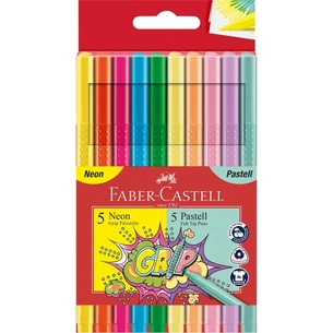 Фломастеры Faber-Castell Grip felt-tip pen neon+pastel, трехгранные пастельные+неоновые, 10 цветов (30746) изображение 1