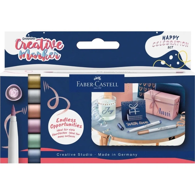 Набір маркерів Faber-Castell тонких металіків для декору Goldfaber Creative Marker Metallic Brush, 6 кольорів, В (пензлик) (33002) - зображення 1