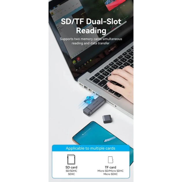 Считыватель флеш-карт Vention USB 3.0 AM/USB-C to SD+TF Gray Dual Drive Letter Aluminum Alloy (CLLH0) - изображение 6