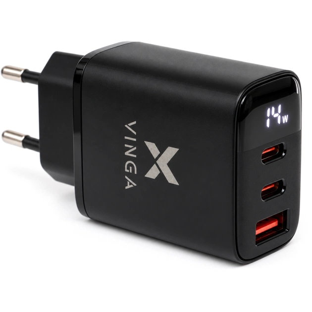 Зарядний пристрій Vinga 2xUSB-C + USB-A Display 45W (VCR45ACCDB) - зображення 1