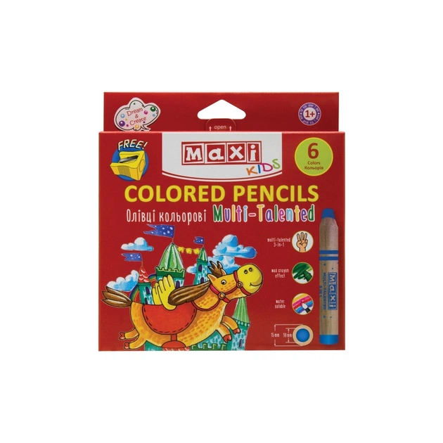 Карандаши цветные Maxi Multi-Talented 3 в 1, 6 цветов с чинкой, круглые (MX15171) - изображение 1