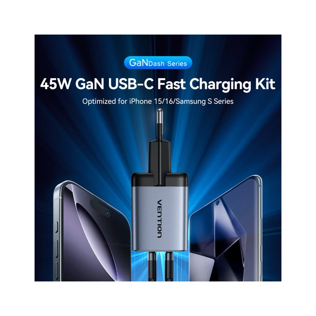 Зарядний пристрій Vention 2xUSB-C PD45W GaN + cable USB-C to USB-C 1.0m 5A gray (TZ-FCFH0-EU) - зображення 1