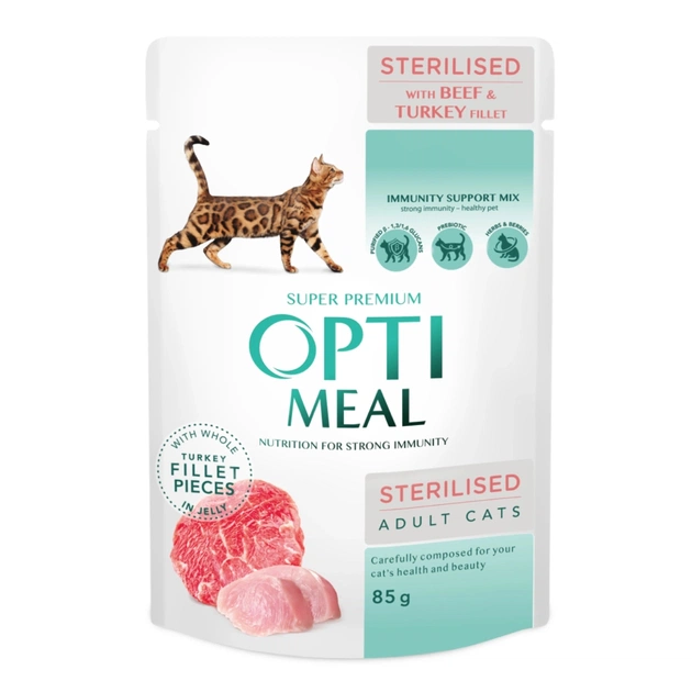 Вологий корм для кішок Optimeal для стерилізованих/кастрованих з яловичиною та індичим філе в желе 85 г (4820215365901) - picture 1