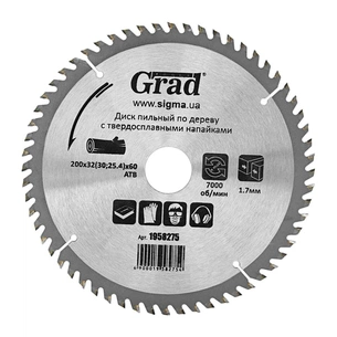Диск пильний Grad по дереву з твердосплавними напайками Ø200×32(30;25.4)×60Т, 7000об/хв GRAD (1958275) (1958275) зображення 1
