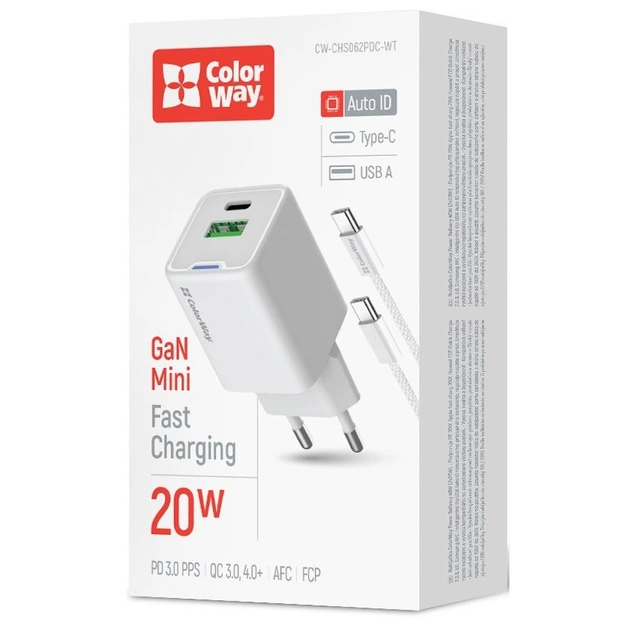 Зарядний пристрій ColorWay C101A GaN Mini 20W PD PPS USB-C + USB-A QC4.0 + cable USB-C to USB-C black (CW-CHS062PDC-WT) - picture 6