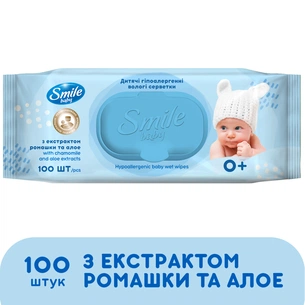 Дитячі вологі серветки Smile baby з екстрактом ромашки, алое і вітамінним комплексом з клапаном 100 шт (4823071653960) зображення 1