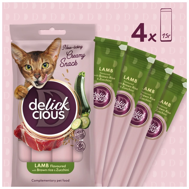 Ласощі для котів Delickcious ягня з додаванням коричневого рису та цукіні 4х15 г (4820269145368) - изображение 3