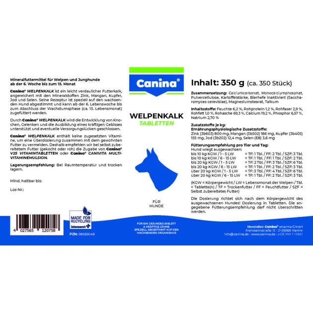 Вітаміни для собак Canina Welpenkalk Таблетки для цуценят 350 г (4027565120758) - picture 3