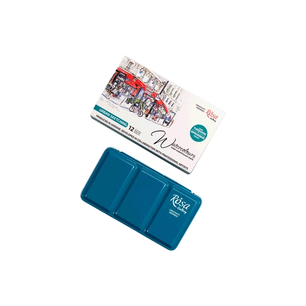 Акварельні фарби Rosa Gallery Urban Sketching в металевому пеналі Бірюза 12 кольорів кювета (4823098525691) - picture 3