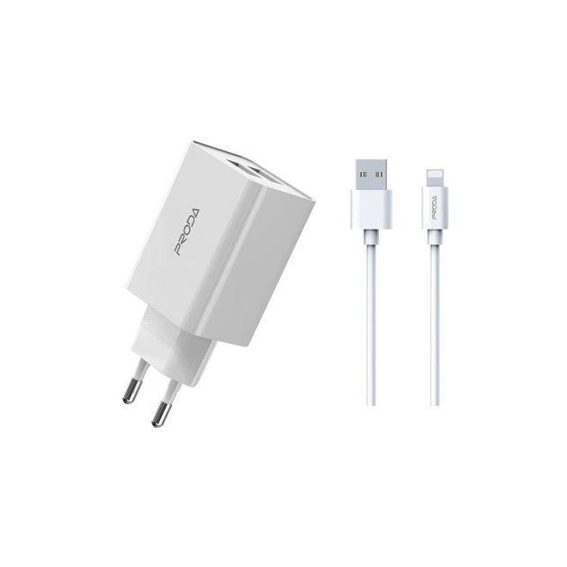 Зарядний пристрій Proda PD-A28i 2хUSB 2.4A + USB Ligthtning 1.0m (PD-A28i-WH) - зображення 1