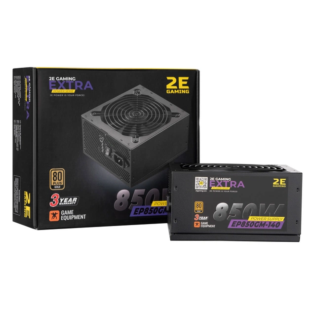 Блок живлення 2E GAMING EXTRA POWER (850W), >90, 80+ Gold, 140mm, 1xMB 24pin(20+4), 2xCPU 8pin(4+4), 4xMolex, 6x (2E-EP850GM-140) - изображение 1