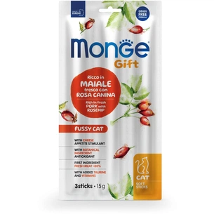 Ласощі для котів Monge Gift Fussy Cat свинина з шипшиною і сиром 15 г (8009470085250) зображення 1