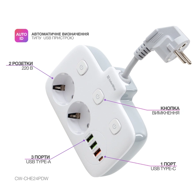 Мережевий фільтр живлення ColorWay CW-CHE24PDW 2 розетки/4USB (CW-CHE24PDW) - picture 9