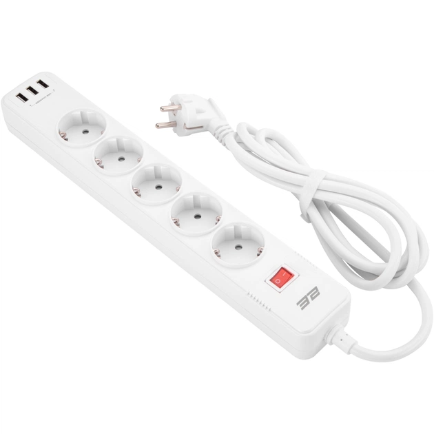 Мережевий фільтр живлення 2E 5XSchuko, 3G*1.5мм, 3*USB-A, 2м, white (2E-SP515M2USBWH) - зображення 1