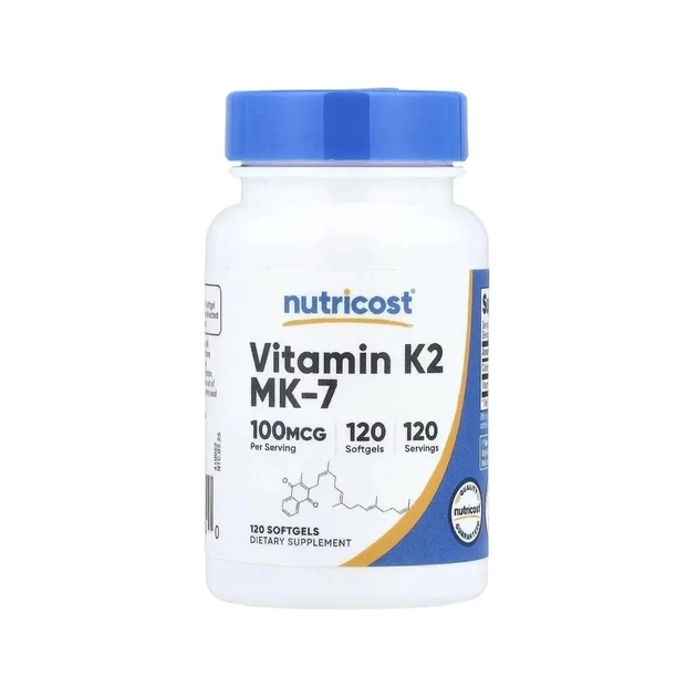 Витаминно-минеральный комплекс Nutricost Витамин K2 в форме МК-7, 100 мкг, Vitamin K2 MK-7, 120 гелевых капсу (NCS57574) - изображение 1