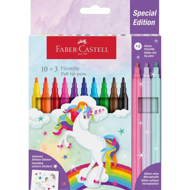 Фломастеры Faber-Castell Единорог 10 цветов + 3 пастельных металлика + наклейки в картонной коробке (32632) - изображение 1