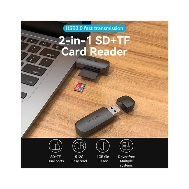 Зчитувач флеш-карт Vention USB 3.0 to SD+TF Black Dual Drive Letter (CLGB0) - зображення 5