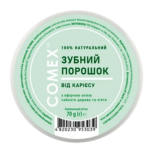 Зубний порошок Comex Натуральний Від карієсу З ефірною олією чайного дерева та м'яти 70 г (4820230953039) зображення 1