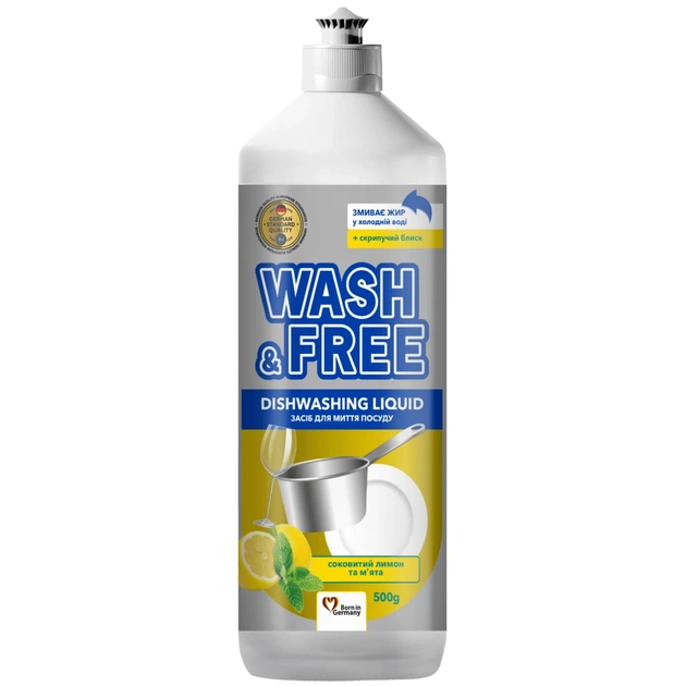 Засіб для ручного миття посуду Wash&Free Соковитий лимон та м'ята 500 г (4823128001362) - зображення 1