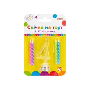 Свічка Maxi 4 шт. на торт з LED підставкою "4", що світиться (MX701007-4) зображення 1