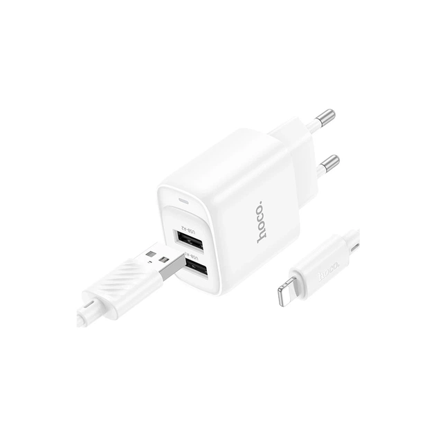 Зарядное устройство HOCO C141A 2xUSB + cable USB to Lightning white (6942007627870) - изображение 1