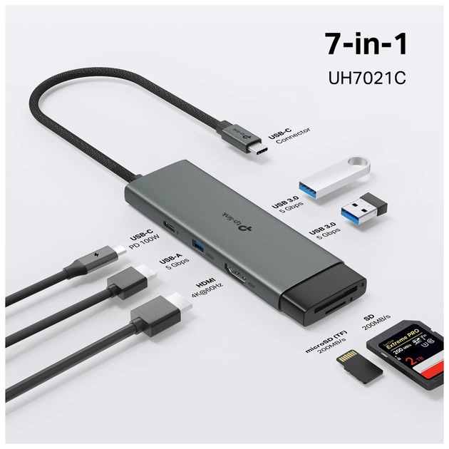 Концентратор TP-Link USB-C 7-in-1 3xUSB + HDMI + SD/TF + USB-C PD100W (UH7021C) - picture 5