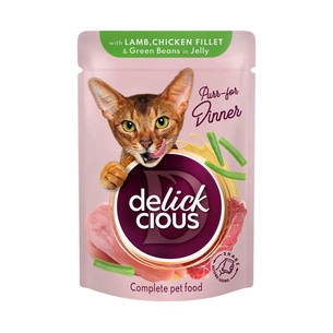 Вологий корм для кішок Delickcious Шматочки з ягнятиною, курячим філе і квасолею спаржевою в желе 85 г (4820269143128) зображення 1