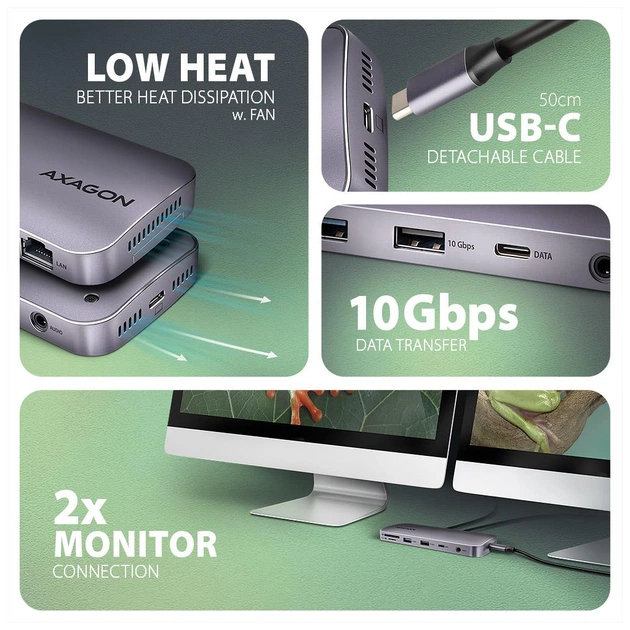Концентратор AXAGON USB-C 12-in-1 HDMI + DisplayPort + RJ45 1000Mbps + PD100W aluminum gray (HMC-12GM2) - picture 6